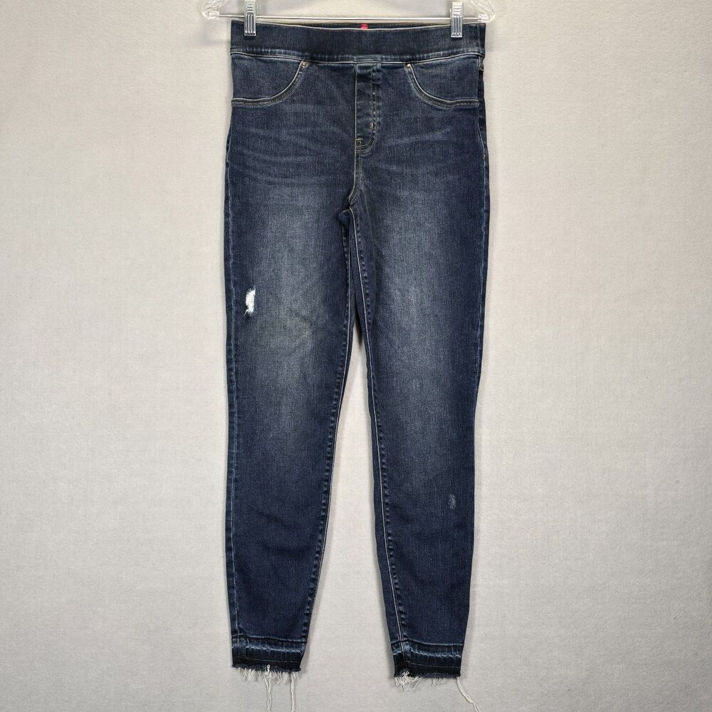 SPANX Pull On Skinny Jeans Womens Sz Medium Dark Wash Distressed Raw Hem Shaping